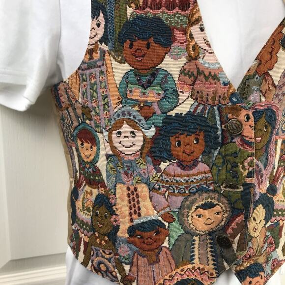 Vintage Small World Multicultural Tapestry Vest M - Picture 2 of 6